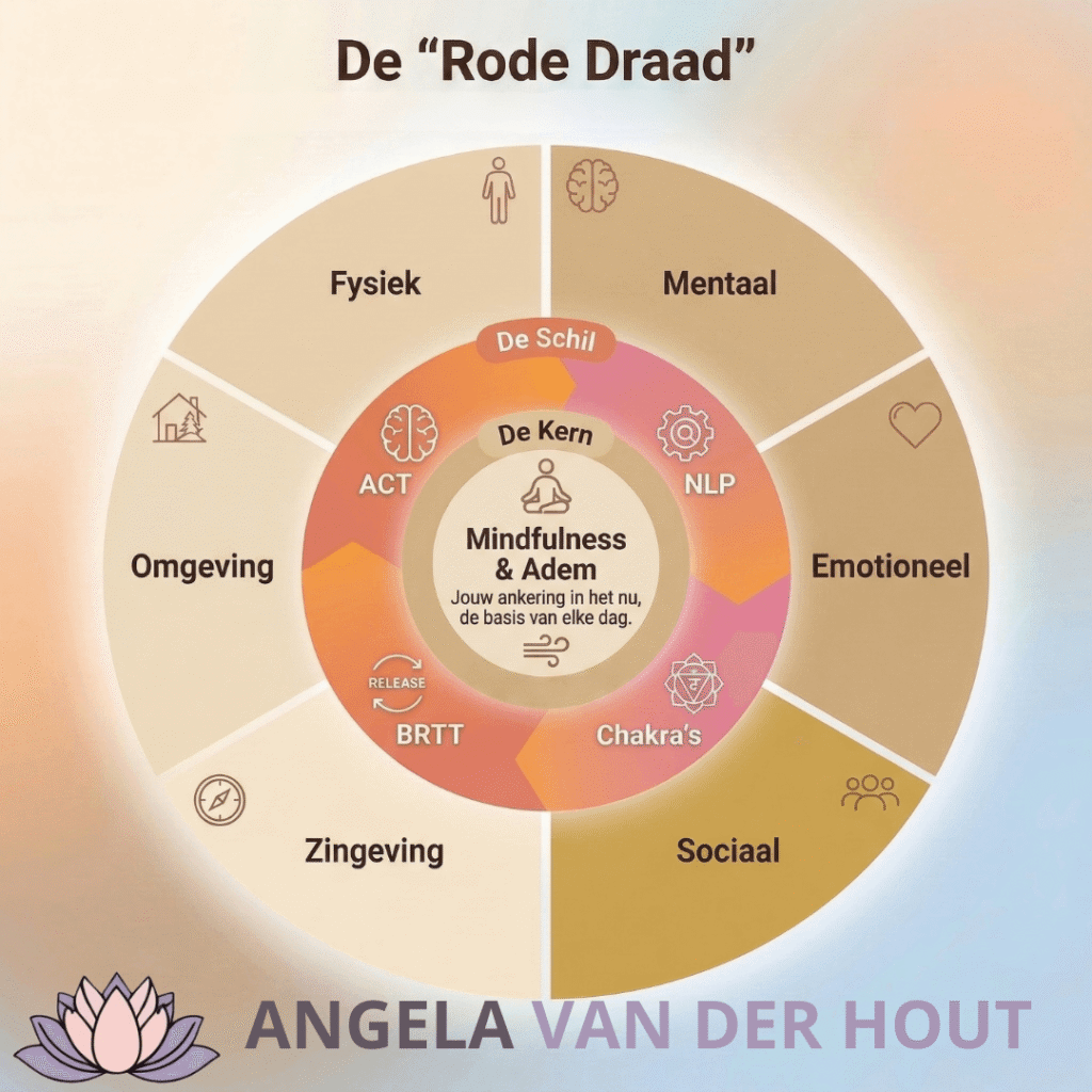 De Rode Draad Methode model met de zes levensdimensies: fysiek, mentaal, emotioneel, sociaal, zingeving en omgeving