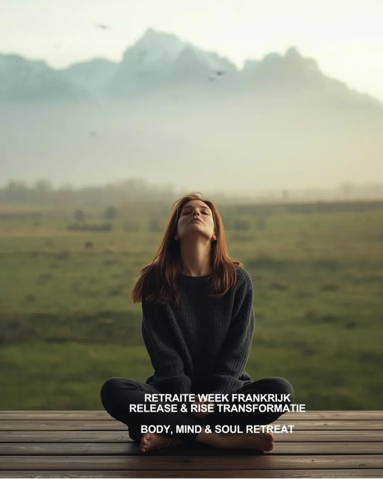 Vrouw mediteert in een veld met bergen, retraite week